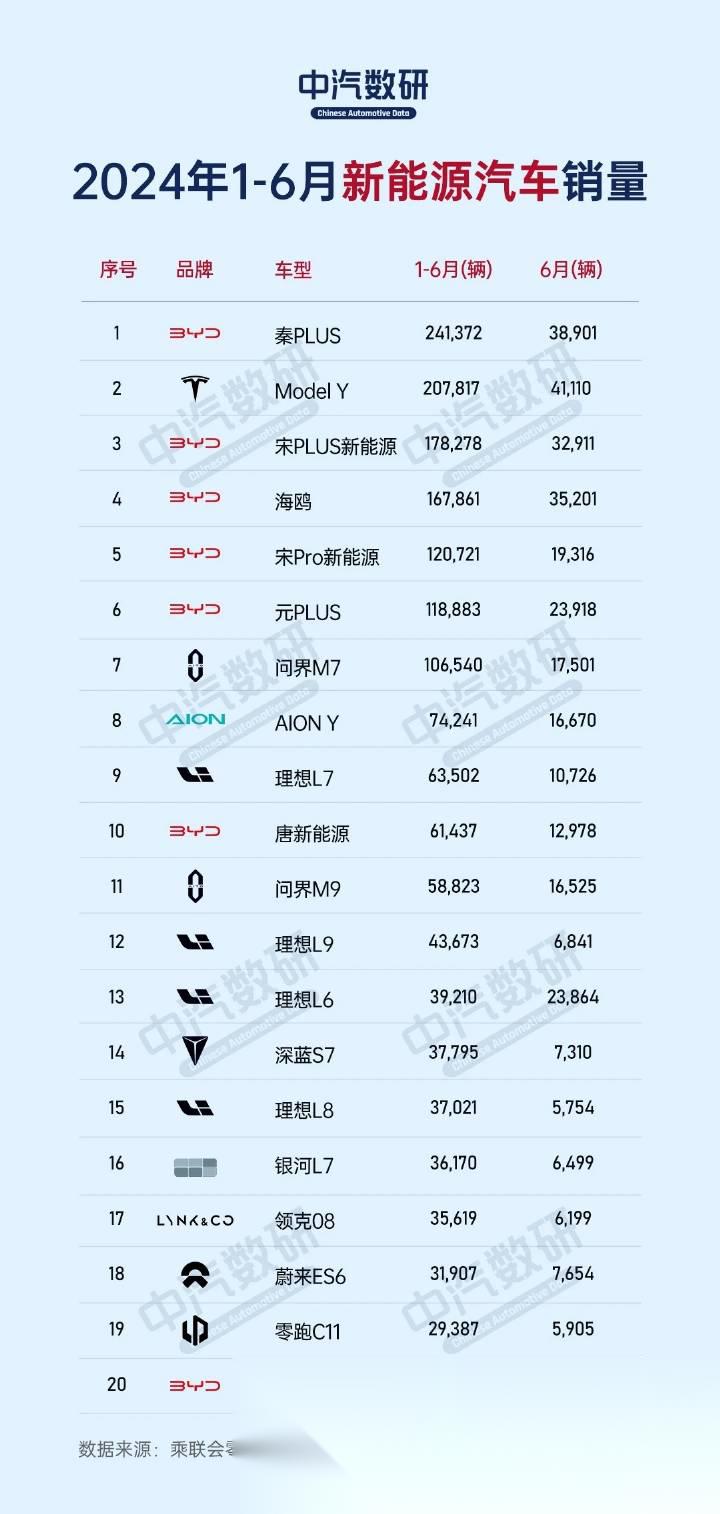 2024上半年出行市场最受欢迎新能源车TOP10